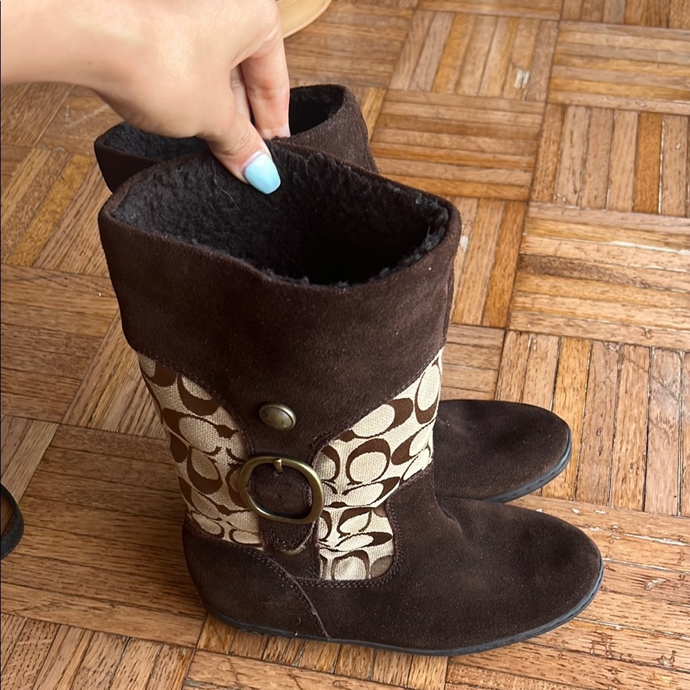 Coach Dark Brown Suede Boots with Pattern and Buckle Accent
